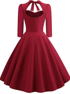 New Retro Stage 1950s Solid 3/4 Sleeve Dress