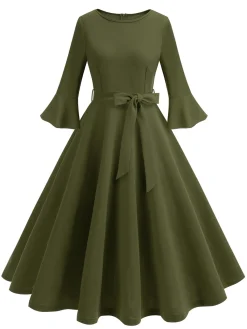 Discount Retro Stage 1950s Solid Bell Sleeves Swing Dress