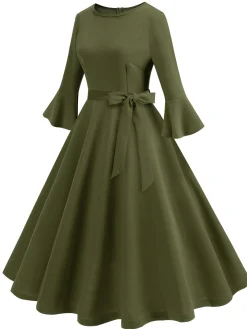 Discount Retro Stage 1950s Solid Bell Sleeves Swing Dress