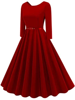 Online Retro Stage 1950s Solid Belted Swing Dress