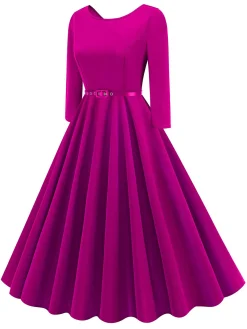 Online Retro Stage 1950s Solid Belted Swing Dress