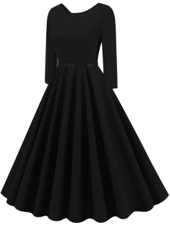 Online Retro Stage 1950s Solid Belted Swing Dress