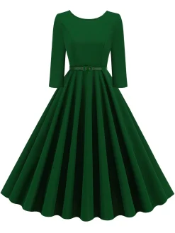 Online Retro Stage 1950s Solid Belted Swing Dress