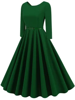 Online Retro Stage 1950s Solid Belted Swing Dress