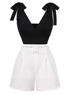 Clearance Retro Stage 1960s Solid Shoulder Tie Top & White Belted Shorts Black