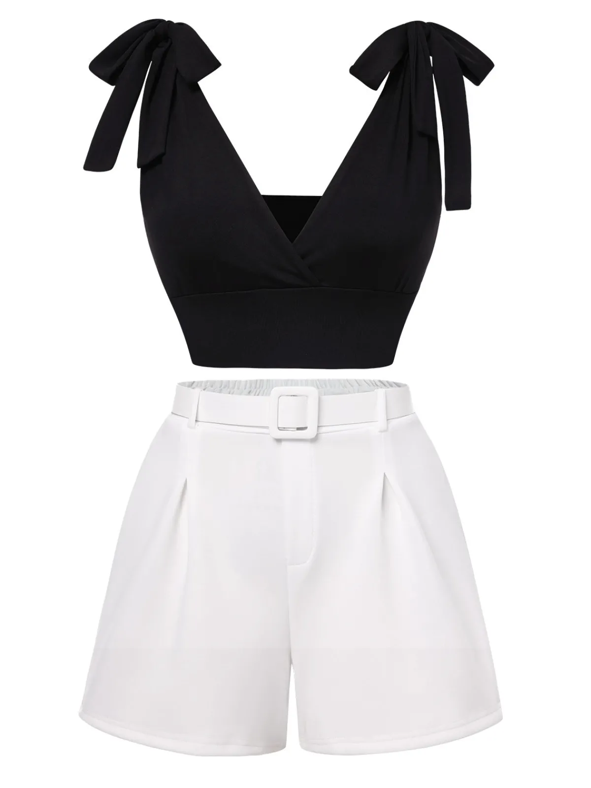 Clearance Retro Stage 1960s Solid Shoulder Tie Top & White Belted Shorts Black