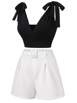 Clearance Retro Stage 1960s Solid Shoulder Tie Top & White Belted Shorts Black