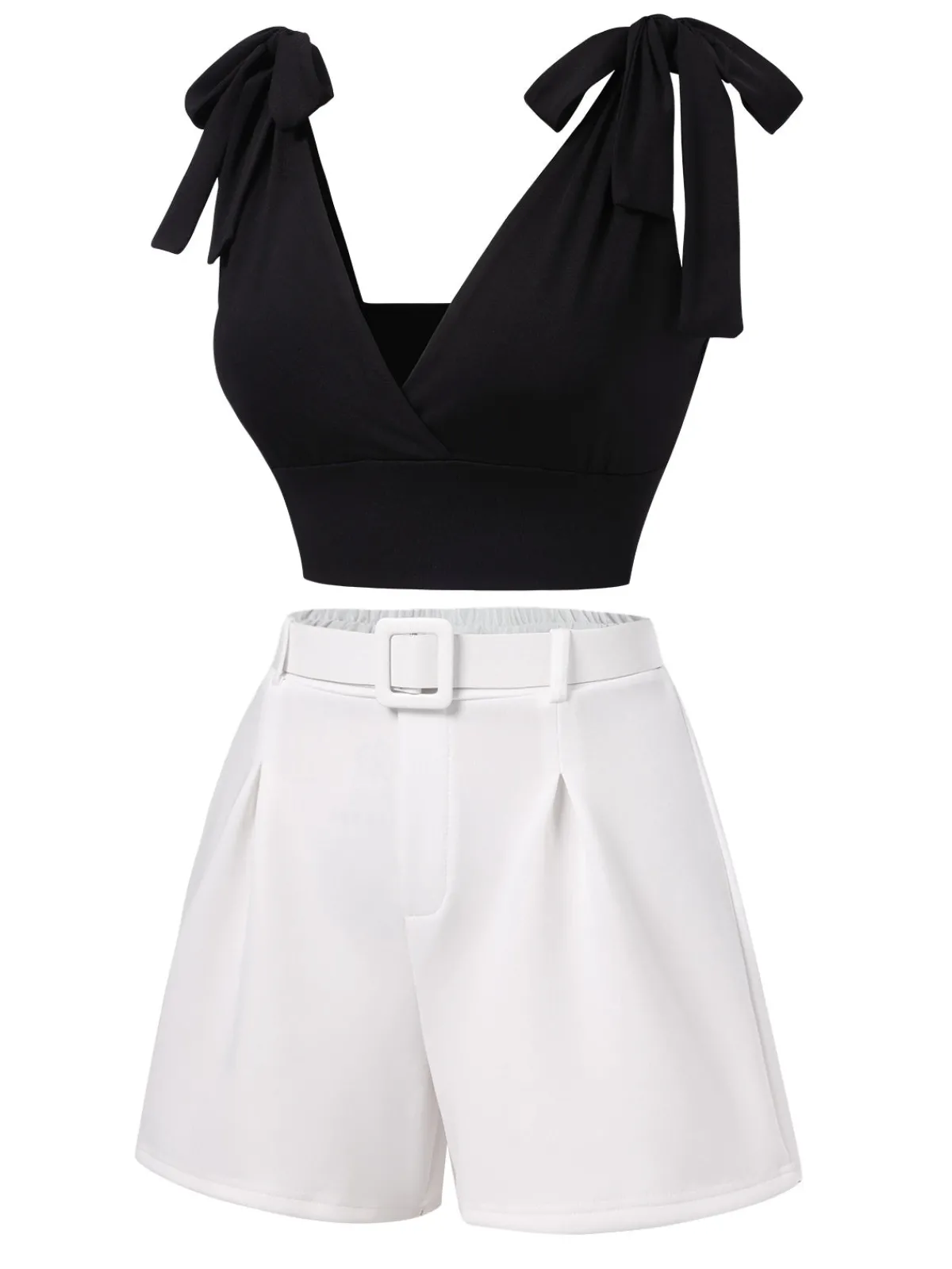 Clearance Retro Stage 1960s Solid Shoulder Tie Top & White Belted Shorts Black