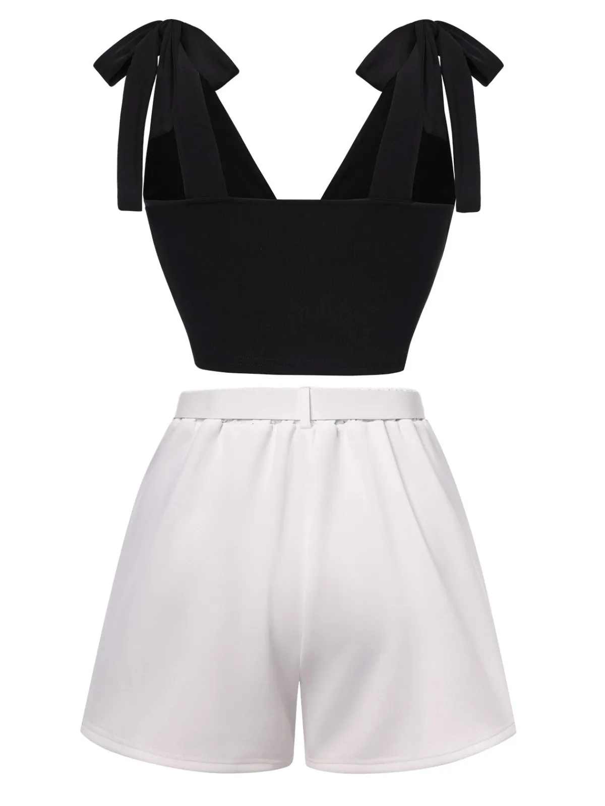 Clearance Retro Stage 1960s Solid Shoulder Tie Top & White Belted Shorts Black