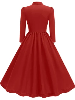 Fashion Retro Stage 1950s Solid Bow Collar Buttoned Swing Dress