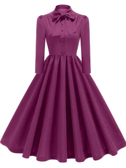 Fashion Retro Stage 1950s Solid Bow Collar Buttoned Swing Dress