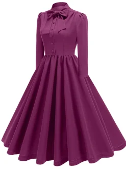 Fashion Retro Stage 1950s Solid Bow Collar Buttoned Swing Dress