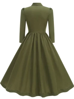 Fashion Retro Stage 1950s Solid Bow Collar Buttoned Swing Dress