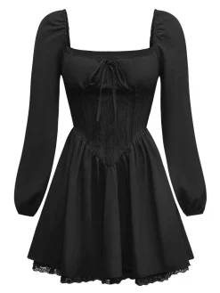 Sale Retro Stage 1950s Solid Bow Tie Lace Gothic Dress
