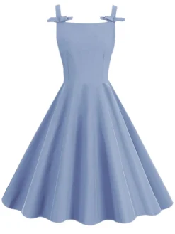 Online Retro Stage 1950s Solid Bowknot Sleeveless Square Neck Dress