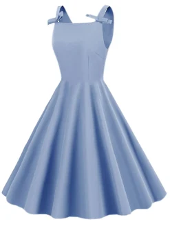 Online Retro Stage 1950s Solid Bowknot Sleeveless Square Neck Dress