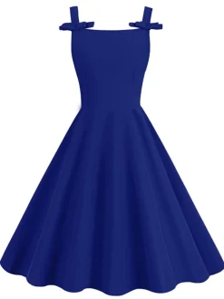 Online Retro Stage 1950s Solid Bowknot Sleeveless Square Neck Dress