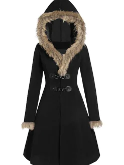 Discount Retro Stage 1950s Solid Buckle Fur Trimmed Coat