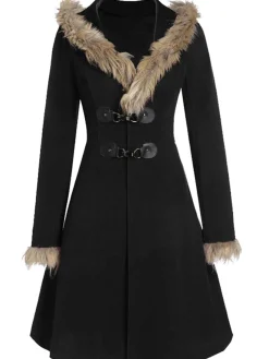 Discount Retro Stage 1950s Solid Buckle Fur Trimmed Coat