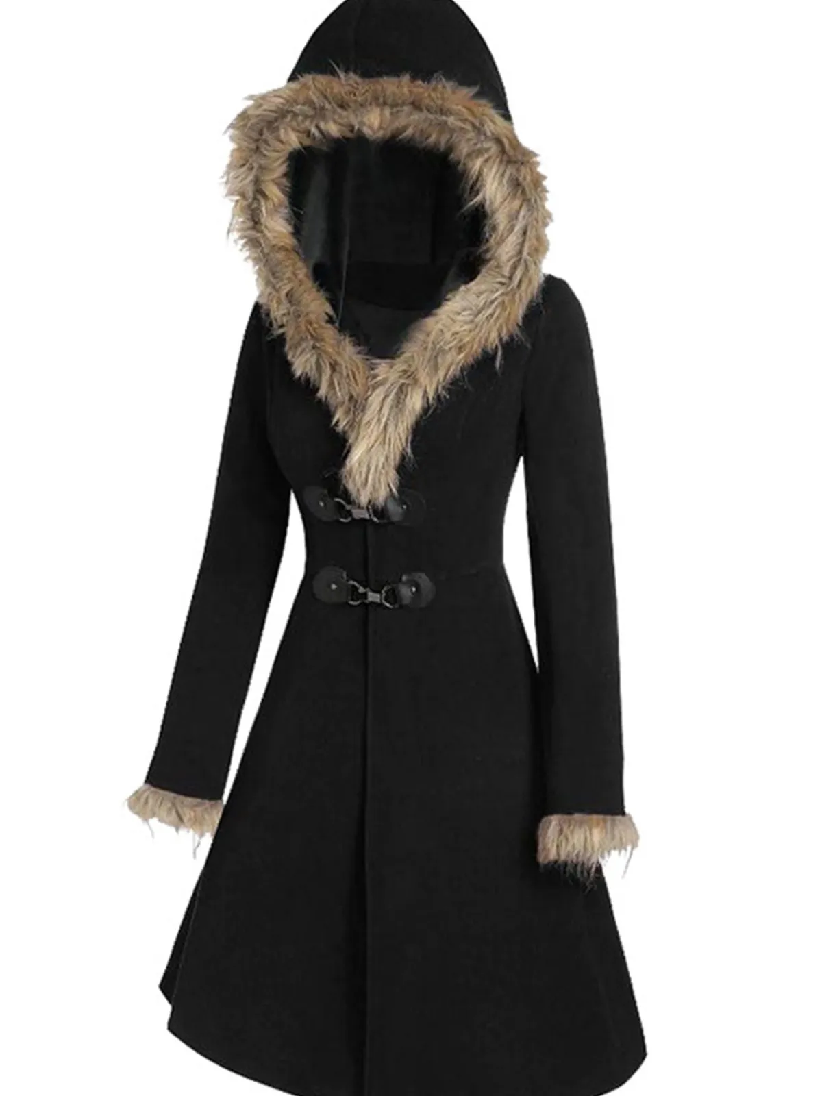 Discount Retro Stage 1950s Solid Buckle Fur Trimmed Coat