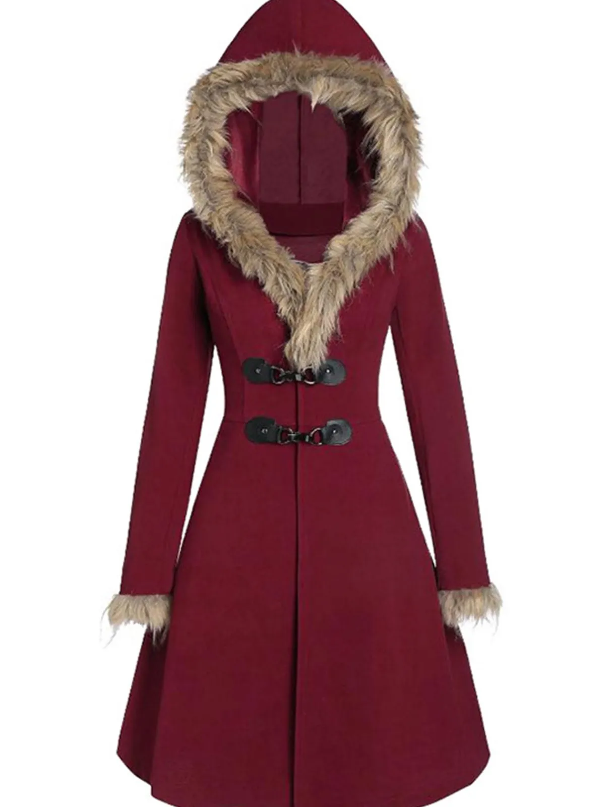 Discount Retro Stage 1950s Solid Buckle Fur Trimmed Coat