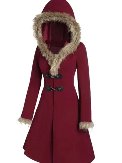Discount Retro Stage 1950s Solid Buckle Fur Trimmed Coat