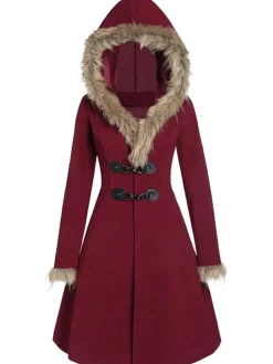 New Retro Stage 1950s Solid Buckle Fur Trimmed Coat