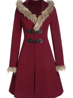 New Retro Stage 1950s Solid Buckle Fur Trimmed Coat