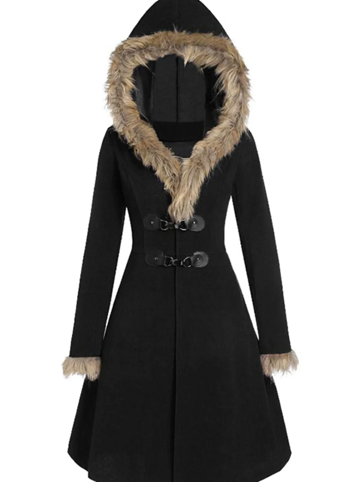 New Retro Stage 1950s Solid Buckle Fur Trimmed Coat