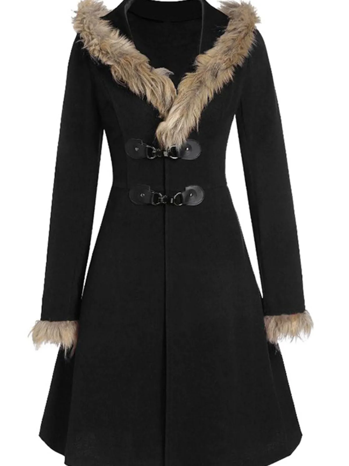 New Retro Stage 1950s Solid Buckle Fur Trimmed Coat