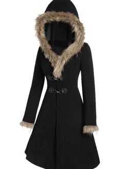 New Retro Stage 1950s Solid Buckle Fur Trimmed Coat