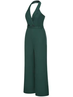 Best Retro Stage 1930s Solid Button Halter Lapel Jumpsuit