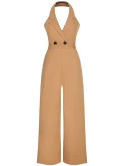Best Retro Stage 1930s Solid Button Halter Lapel Jumpsuit
