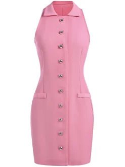 Online Retro Stage 1960s Solid Button Pocket Lapel Pencil Dress