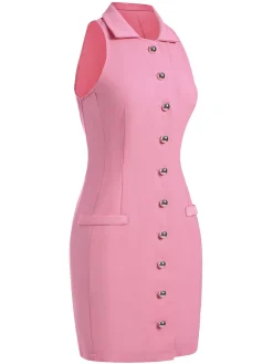 Online Retro Stage 1960s Solid Button Pocket Lapel Pencil Dress