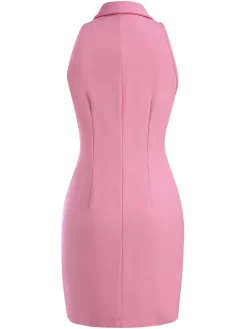 Online Retro Stage 1960s Solid Button Pocket Lapel Pencil Dress
