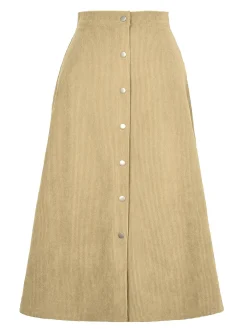 New Retro Stage 1930s Solid Buttoned Corduroy A-Line Skirt