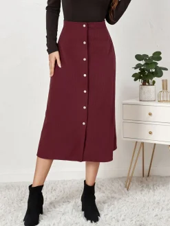 New Retro Stage 1930s Solid Buttoned Corduroy A-Line Skirt