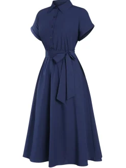 Sale Retro Stage 1940s Solid Cap Sleeves Buttoned Shirt Dress