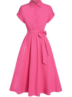 Sale Retro Stage 1940s Solid Cap Sleeves Buttoned Shirt Dress