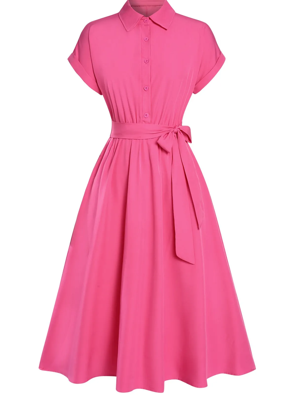 Sale Retro Stage 1940s Solid Cap Sleeves Buttoned Shirt Dress