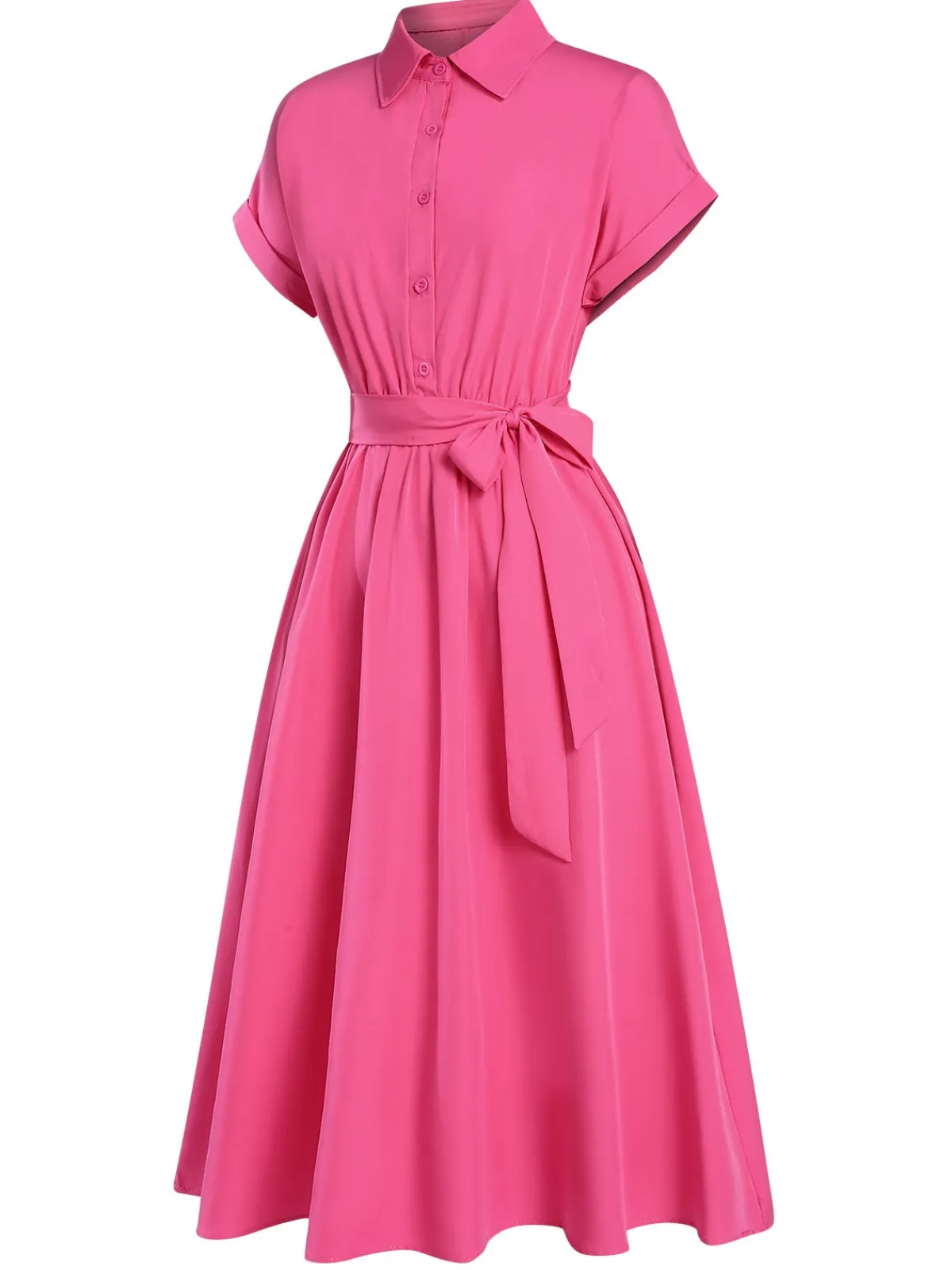 Sale Retro Stage 1940s Solid Cap Sleeves Buttoned Shirt Dress