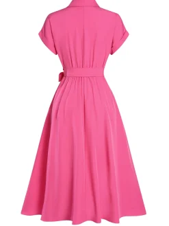 Sale Retro Stage 1940s Solid Cap Sleeves Buttoned Shirt Dress