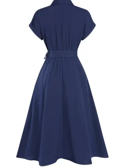 Sale Retro Stage 1940s Solid Cap Sleeves Buttoned Shirt Dress