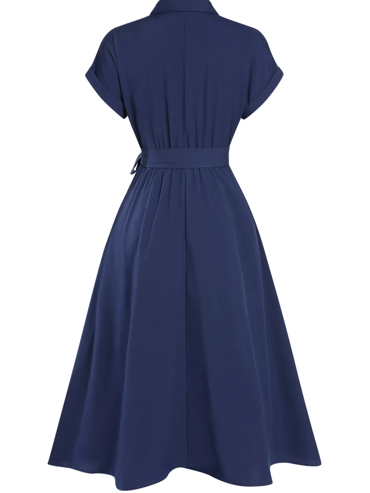 Sale Retro Stage 1940s Solid Cap Sleeves Buttoned Shirt Dress
