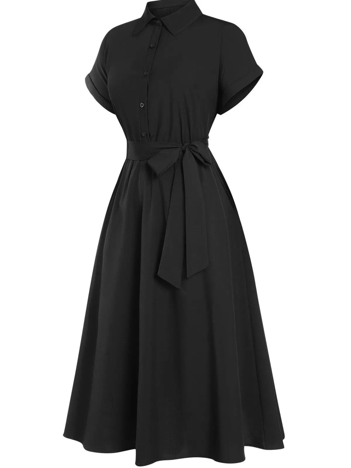 Sale Retro Stage 1940s Solid Cap Sleeves Buttoned Shirt Dress