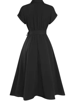 Sale Retro Stage 1940s Solid Cap Sleeves Buttoned Shirt Dress