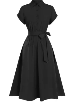 Discount Retro Stage 1940s Solid Cap Sleeves Buttoned Shirt Dress