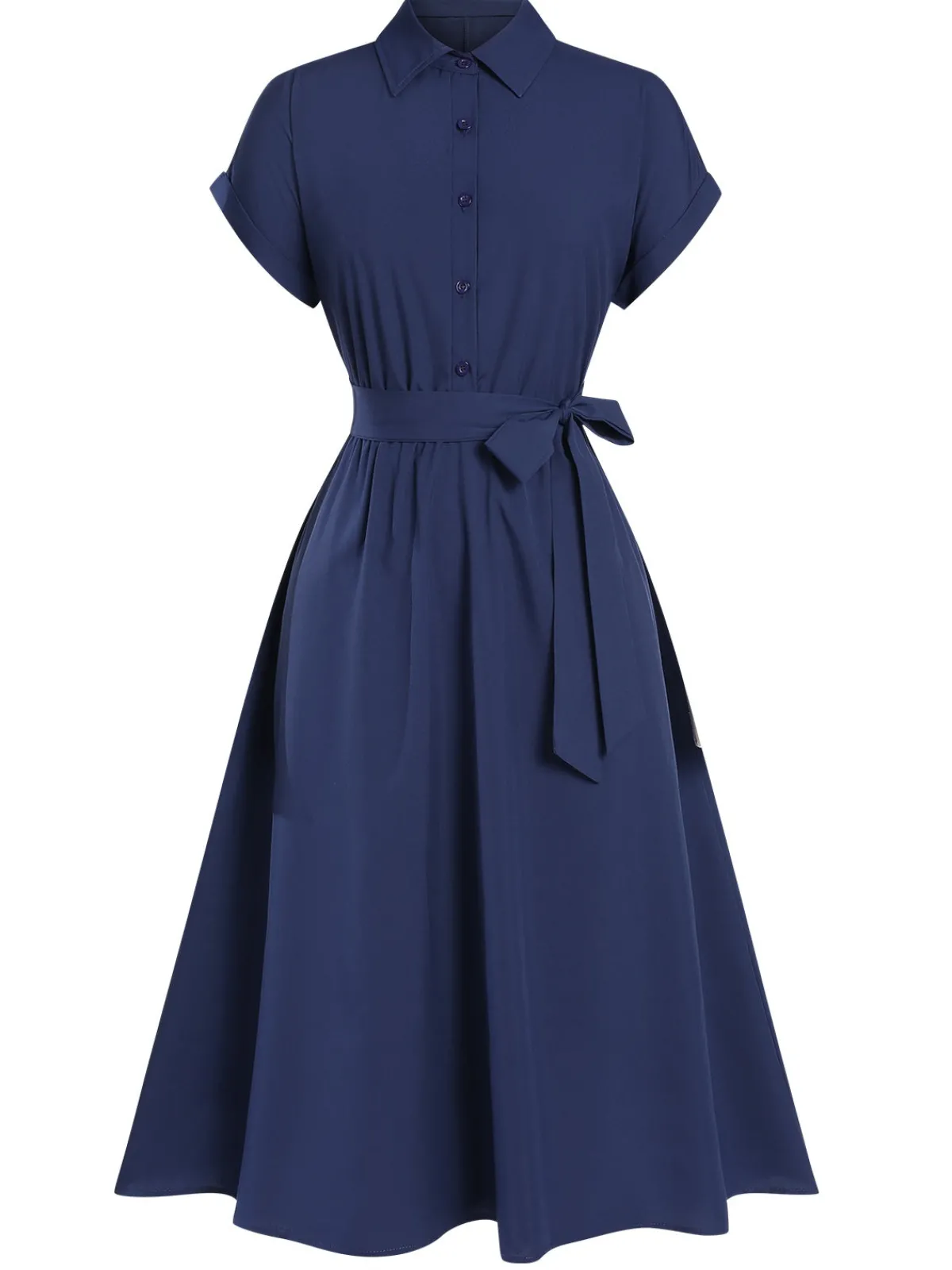 New Retro Stage 1940s Solid Cap Sleeves Buttoned Shirt Dress