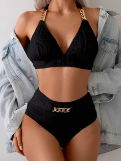 Sale Retro Stage 1950s Solid Chain Textured Fabric Halter Bikini Set